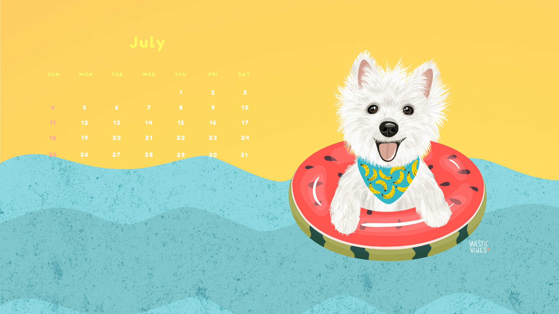 Westie July Calendar for Desktop