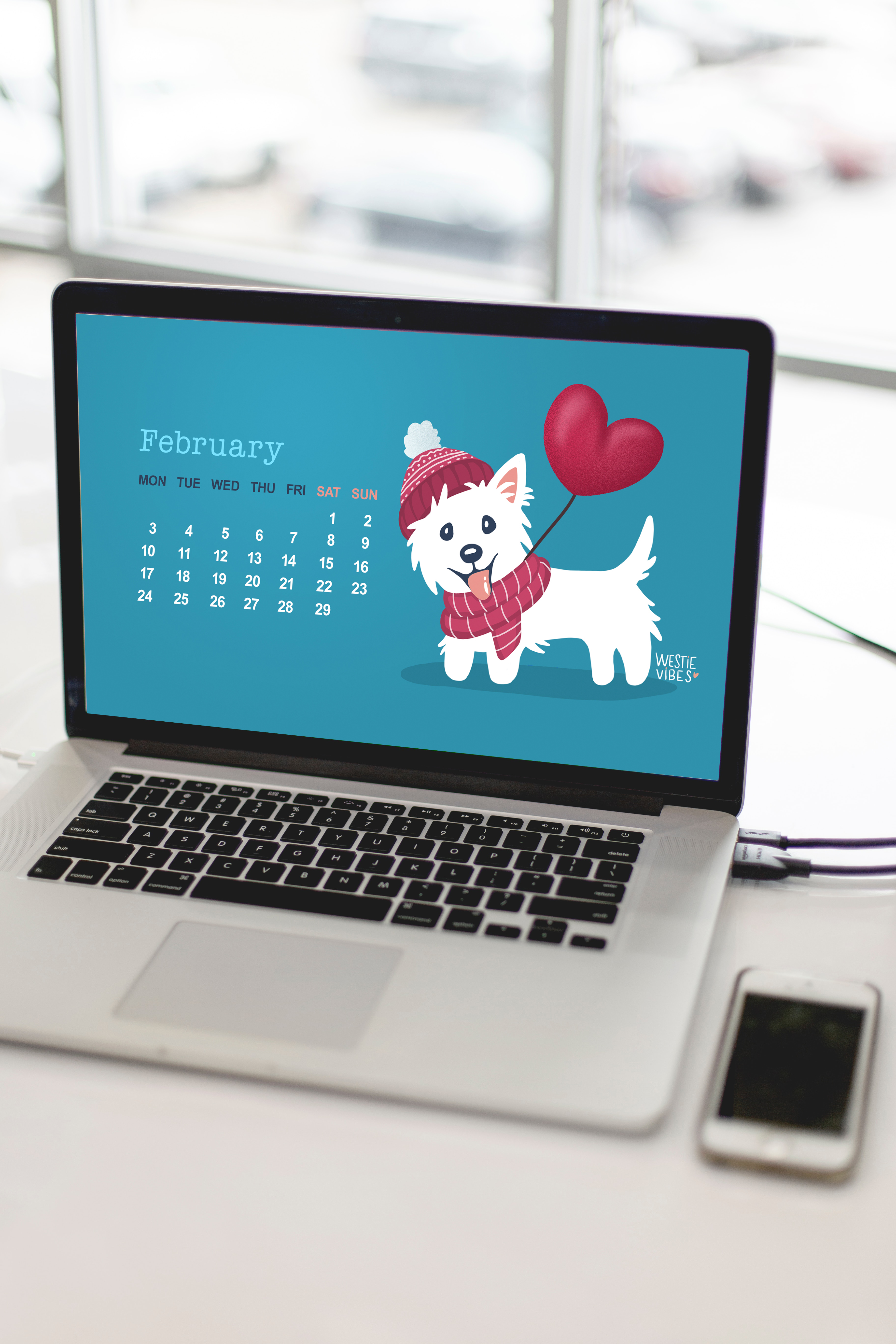 February 2020: Westie Desktop Calendar Wallpaper Sami the Westie